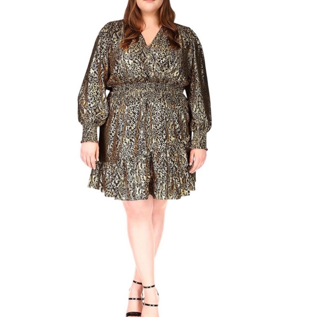 Michael Kors Julia Dress Foil Black Gold Metallic Snake Print Smocked 2xl Nwt